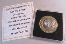 Load image into Gallery viewer, 2011 MARY ROSE QEII BUNC £2 TWO POUND COIN WITH QUAD CAPSULE &amp; COA
