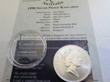 Load image into Gallery viewer, AUSTRALIA 1998 PROOF 1oz $1 .999 FINE SILVER KANGAROO WITH COA
