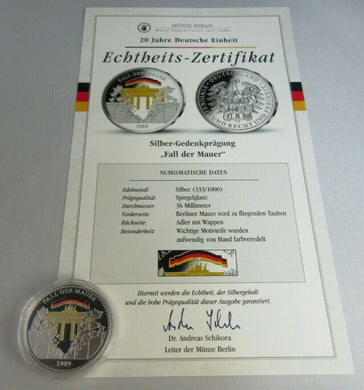 20 YEARS OF GERMAN UNITY FALL OF THE WALL 1989 SILVER PROOF MEDAL WITH COA