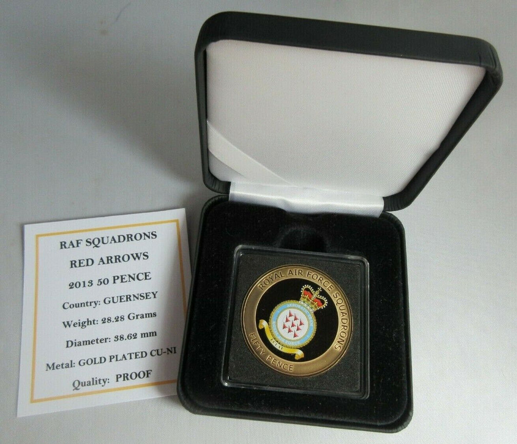 2013 QEII RED ARROWS RAF SQUADRONS BAILIWICK OF GUERNSEY 50P CROWN COIN BOX& COA