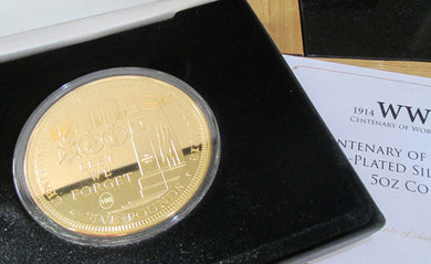 2014 £5 SILVER PROOF 5 oz COIN ANNIVERSARY of WWI 1914 - 1918 24ct gold plated