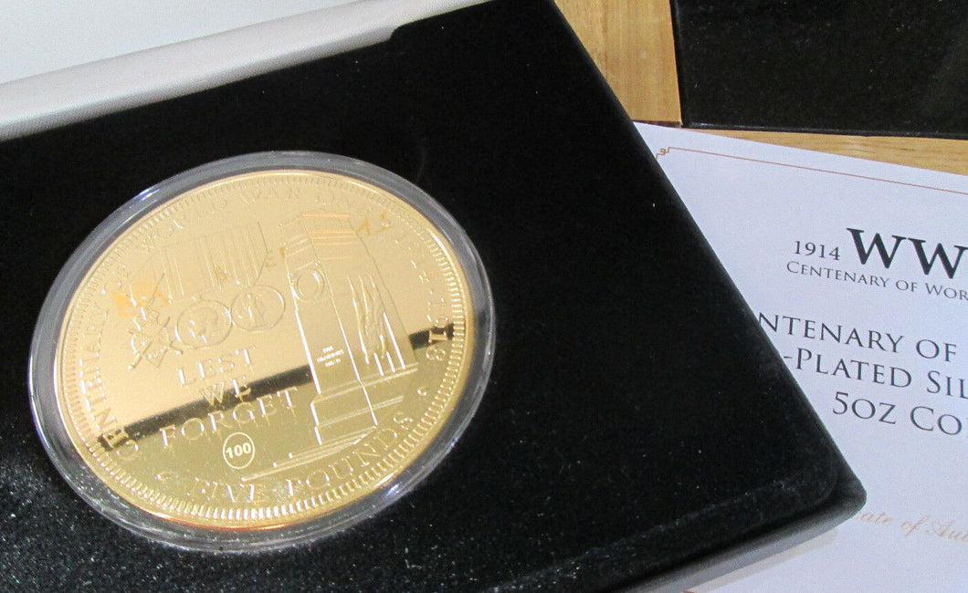 2014 £5 SILVER PROOF 5 oz COIN ANNIVERSARY of WWI 1914 - 1918 24ct gold plated
