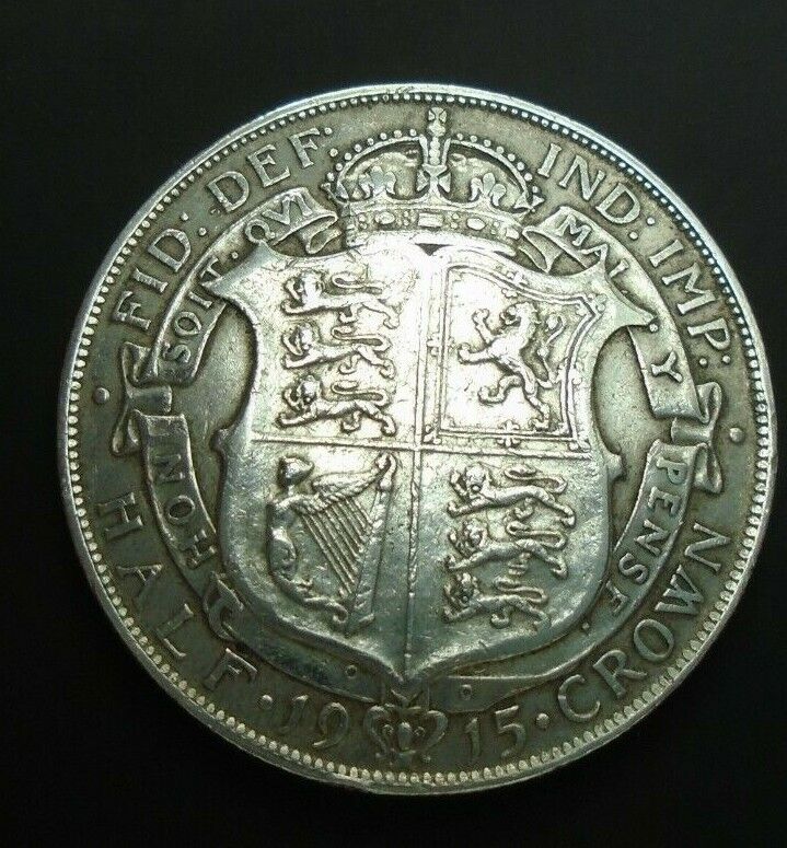 1915 GEORGE V BARE HEAD FIRST COIN HALF 1/2 CROWN SPINK 4011 CROWNED SHIELD 1