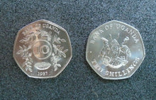 Load image into Gallery viewer, 1987 50P SHAPED BANK OF UGANDA TEN SHILLINGS &amp; 20P SHAPED 5 SHILLINGS MULTI LIST
