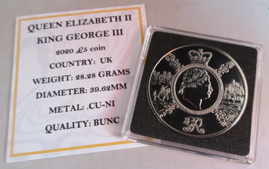 2020 QEII KING GEORGE III BUNC £5 FIVE POUND COIN QUAD CAPSULE &COA