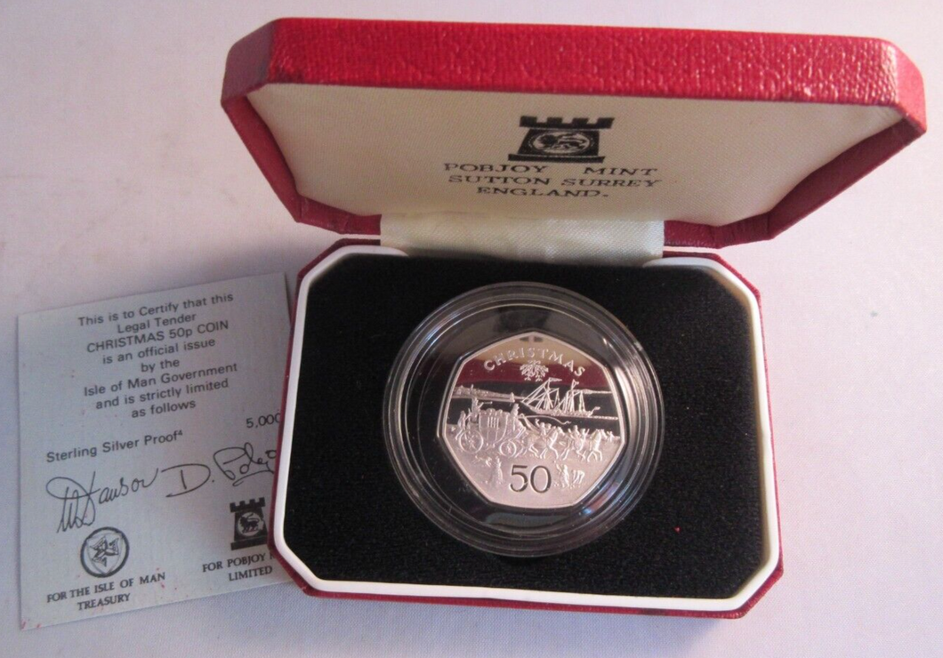 1980 CHRISTMAS 50P FIFTY PENCE SILVER PROOF IOM 50P WITH COA & PRESENTATION BOX