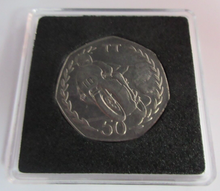 Load image into Gallery viewer, 1982 QEII MANX TT ROAD RACE MICK GRANT MINT MARK AA FIFTY PENCE COIN BOX &amp; COA
