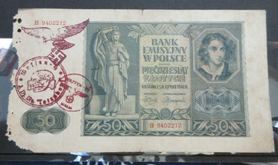 WWII POLISH GERMAN BANK NOTE 1941 KROKOW 50 ZLOTYCH VERY RARE INVASTION NOTE