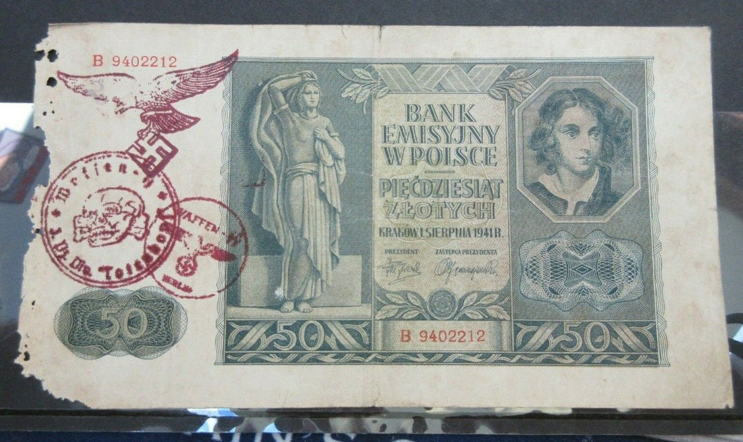 WWII POLISH GERMAN BANK NOTE 1941 KROKOW 50 ZLOTYCH VERY RARE INVASTION NOTE