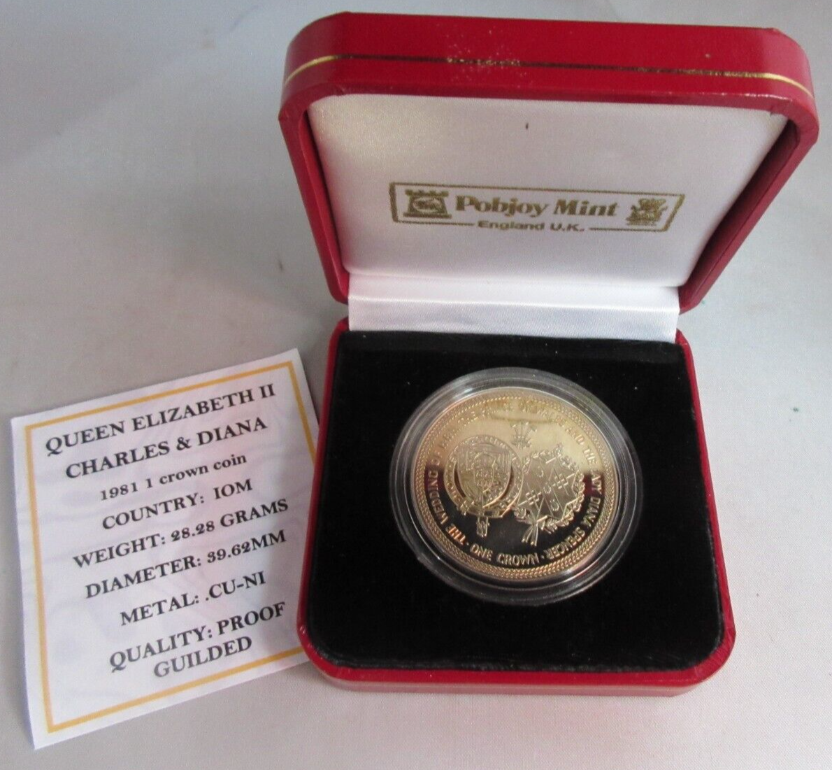 1981 QUEEN ELIZABETH II CHARLES & DIANA IOM PROOF GUILDED 1 CROWN COIN ...