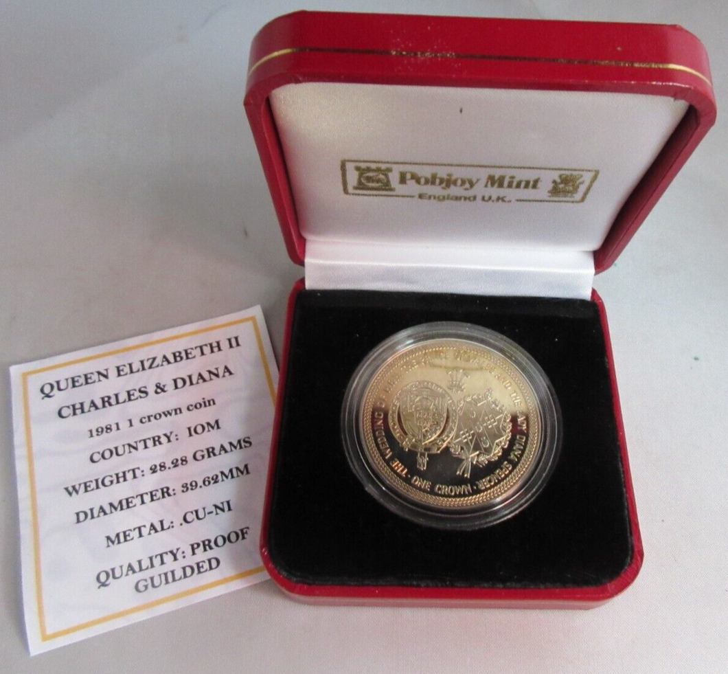1981 QUEEN ELIZABETH II CHARLES & DIANA IOM PROOF GUILDED 1 CROWN COIN BOX &COA