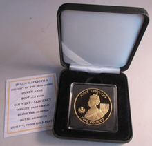 Load image into Gallery viewer, 2007 QEII QUEEN ANNE HISTORY OF THE MONARCHY ALDERNEY S/PROOF £5 COIN BOX &amp; COA
