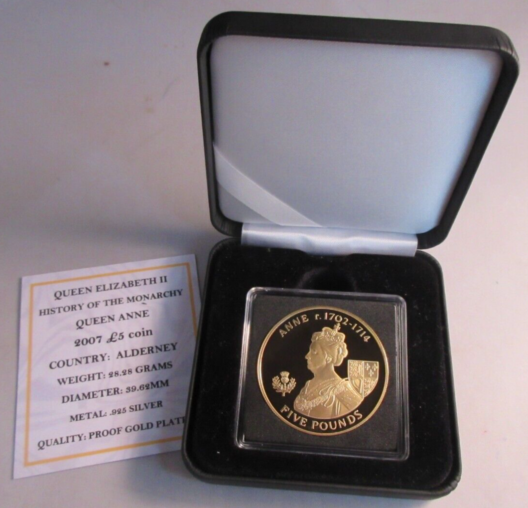 2007 QEII QUEEN ANNE HISTORY OF THE MONARCHY ALDERNEY S/PROOF £5 COIN BOX & COA