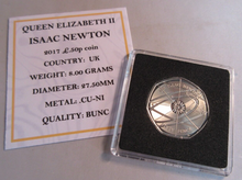 Load image into Gallery viewer, 2017 ISAAC NEWTON QEII BUNC 50P FIFTY PENCE COIN WITH QUAD CAPSULE &amp;COA
