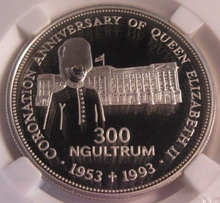 Load image into Gallery viewer, 1993 CORONATION ANNIVERSARY QEII BHUTAN SILVER 300 NGULTRUM COIN SLAB &amp; COA
