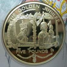 Load image into Gallery viewer, 1952-2002 HM THE QUEENS GOLDEN JUBILEE SILVER PROOF/GOLD PLATED £5COIN COVER PNC
