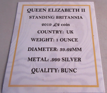 Load image into Gallery viewer, 2019 QEII STANDING BRITANNIA  1oz SILVER BU £2 TWO POUNDS COIN BOX &amp; COA
