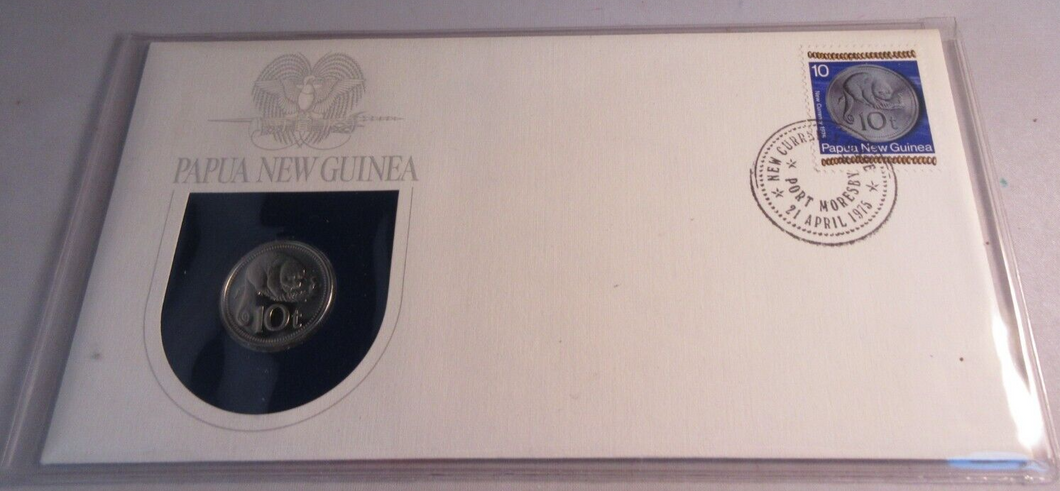 1975 PAPUA NEW GUINEA FIRST OFFICIAL COINAGE,PROOF 10t COIN,STAMP,P-MARK,COA PNC