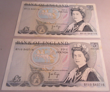 Load image into Gallery viewer, 1973 PAGE FIVE POUND £5 NOTES AUGUST 1973 7 CONSECUTIVE RUN UNC
