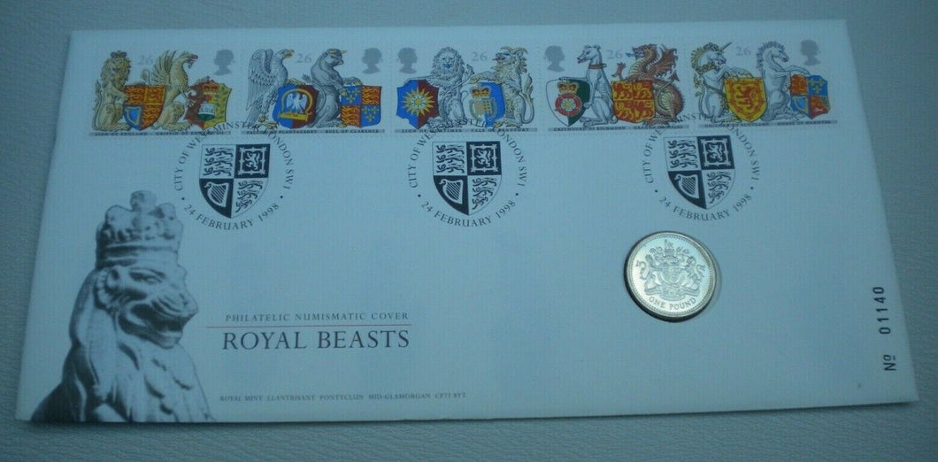 1998 ROYAL BEASTS £1 ONE POUND COIN COVER WITH ROYAL MAIL STAMPS, POSTMARKS PNC