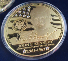 Load image into Gallery viewer, 2017 ABRAHAM LINCOLN &amp; JOHN F KENNEDY SWAROVSKI G/PLATED COPPER MEDAL SET BOXED
