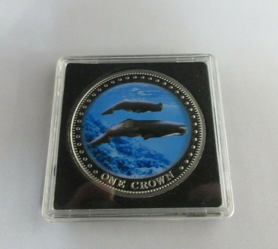 2008 COLOURED SPERM WHALE 1 CROWN QUEEN ELIZABETH II COIN TDC IN LIGHTHOUSE QUAD