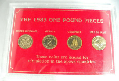 1983 ONE POUND PIECES UK JERSEY GUERNSEY ISLE OF MAN 4 COIN SET CLEAR HARD CASE