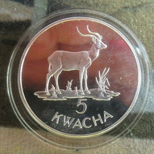 Load image into Gallery viewer, 1979 ROYAL MINT ZAMBIA CONSERVATION African Longhorn SILVER 5 KWACHA COIN
