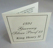 Load image into Gallery viewer, 1991 £2 KING HENRY II GUERNSEY SILVER PROOF TWO POUND CROWN COIN BOX &amp; COA
