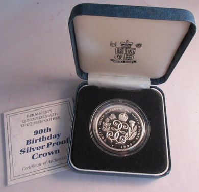 1990 QUEEN MOTHER 90TH BIRTHDAY SILVER PROOF £5 CROWN ROYAL MINT BOX & COA