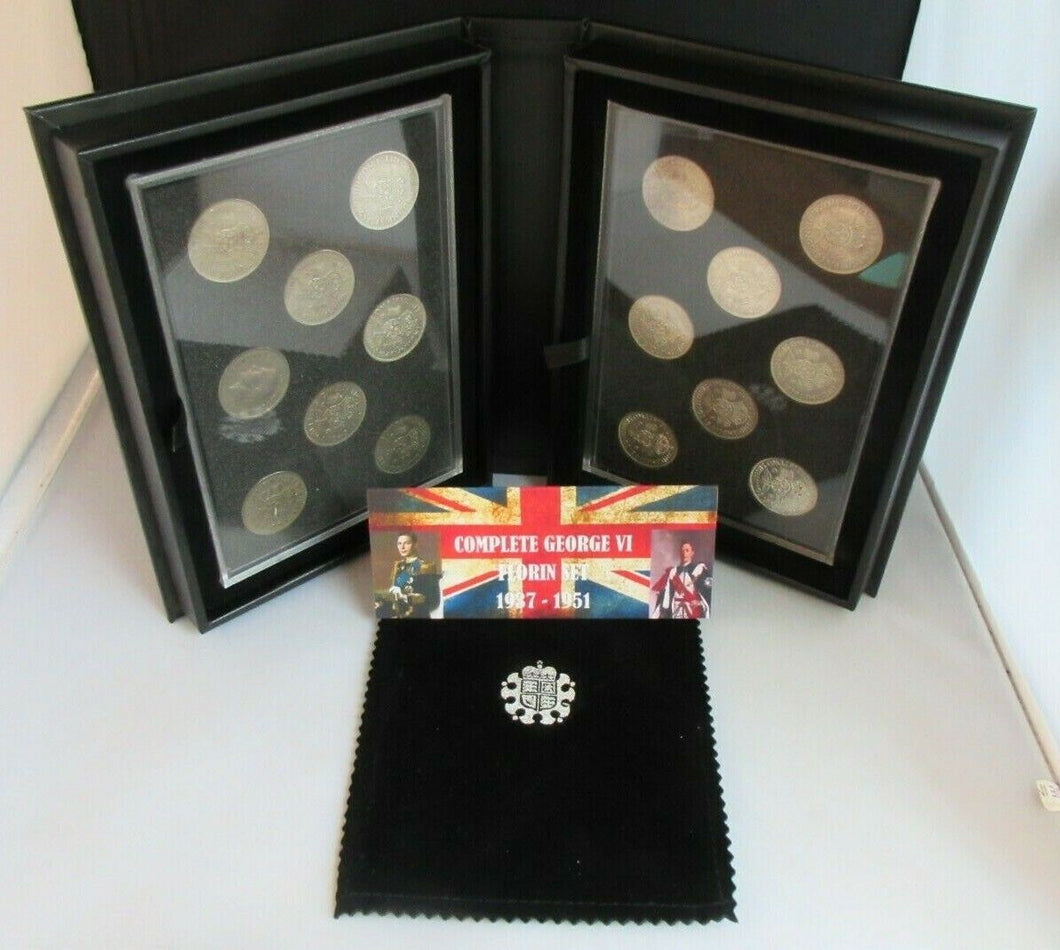 COMPLETE SET OF FLORINS EF-UNC GEORGE VI 1937-1952 UK 16 COIN SET CASED & BOXED