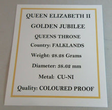 Load image into Gallery viewer, 2002 QEII GOLDEN JUBILEE QUEENS THRONE 50P CROWN COLOURED PROOF BOXED WITH COA
