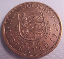 Load image into Gallery viewer, 1945 KING GEORGE VI STATES OF JERSEY ONE TWELFTH OF A SHILLING UNC IN CLEAR FLIP
