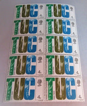 Load image into Gallery viewer, 1968 BRITISH TUC 4d BLOCK OF 10 STAMPS MNH WITH CLEAR FRONTED STAMP HOLDER
