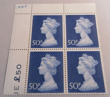 Load image into Gallery viewer, 1970 QUEEN ELIZABETH II BLUE BLOCK OF 4 LARGE 50P STAMPS MNH
