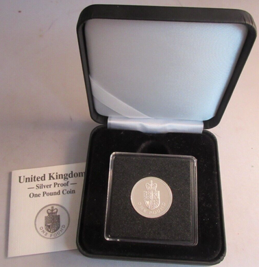 1988 SHIELD OF ARMS SILVER PROOF £1 ONE POUND COIN BOX & COA