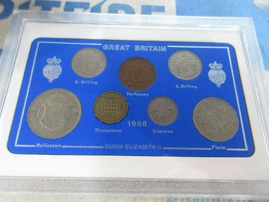 UK 1958 QUEEN ELIZABETH II 7 COIN SET IN CLEAR CASE ROYAL MINT BOOK OPTIONAL