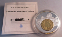 Load image into Gallery viewer, 2008 HISTORY OF THE SWISS FRANC SILVER PLATED 35MM MEDAL INSET 5 FRANC CAP &amp; COA
