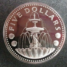 Load image into Gallery viewer, 1974 SILVER PROOF $5 SHELL FOUNTAIN IN BRIDGETOWN BARBADOS COIN JOHN PINCHES
