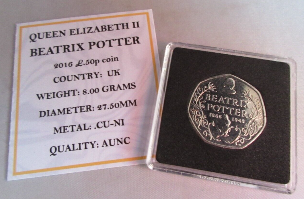 2016 BEATRIX POTTER QEII BUNC 50P FIFTY PENCE COIN QUAD CAPSULE & COA