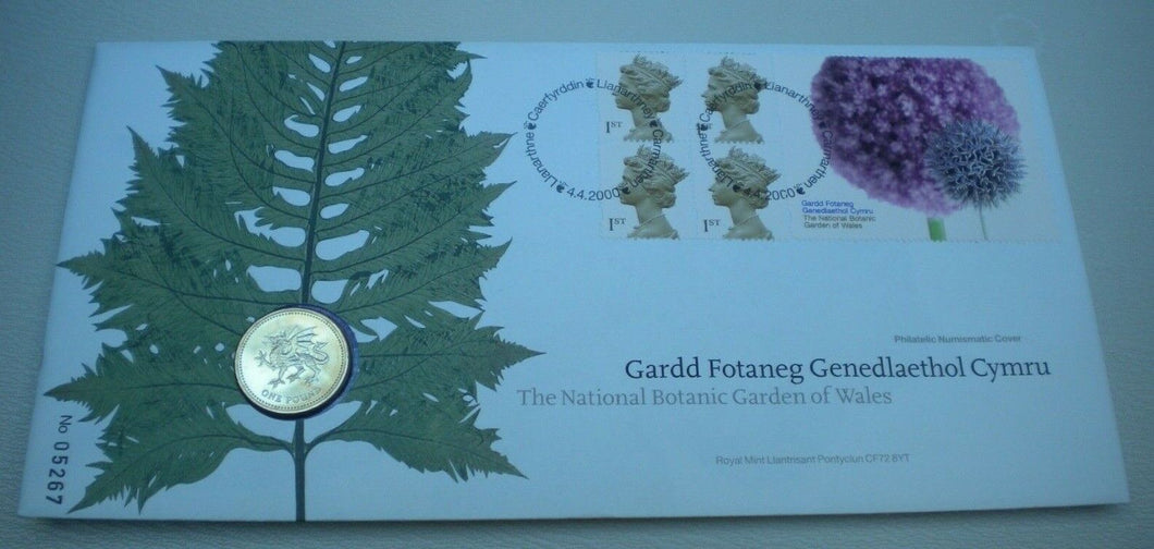 2000 THE NATIONAL BOTANIC GARDEN OF WALES  £1 COIN COVER, STAMPS, POSTMARKS PNC