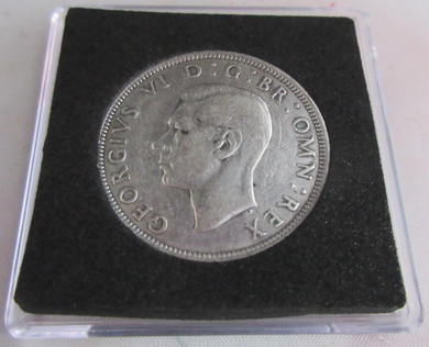 1937 GEORGE VI BARE HEAD HALF CROWN .500 F-VF IN QUADRANT CAPSULE