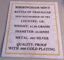 Load image into Gallery viewer, 1973 BATTLE OF TRAFALGAR BIRMINGHAM MINT HALLMARKED G/PLATE SILVER MEDAL COA BOX
