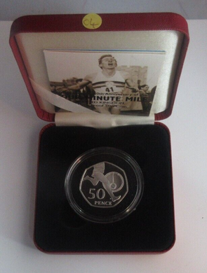 2004 4 Minute Mile 50th Anniversary Silver Proof UK Royal Mint 50p Coin Box+COA