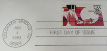 Load image into Gallery viewer, 1983 USA SUMMER OLYMPIC GAMES FENCING GOLD PLATED 35C STAMP COVER FDC
