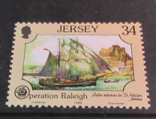 Load image into Gallery viewer, 1988 JERSEY OPERATION RALEIGH DECIMAL STAMPS X 4 MNH IN STAMP HOLDER

