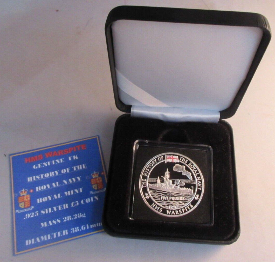 2005 HISTORY OF THE ROYAL NAVY HMS WARSPITE SILVER PROOF £5 COIN ROYAL MINT