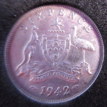 Load image into Gallery viewer, 1942 KING GEORGE VI MELBOURNE MINT .500 SILVER UNC 6d SIXPENCE COIN BOX &amp; COA
