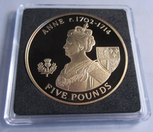 Load image into Gallery viewer, 2007 QEII QUEEN ANNE HISTORY OF THE MONARCHY ALDERNEY S/PROOF £5 COIN BOX &amp; COA
