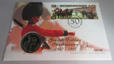 1947-1997 GOLDEN WEDDING ANNIVERSARY PROOF 1 CROWN COIN FIRST DAY COVER PNC